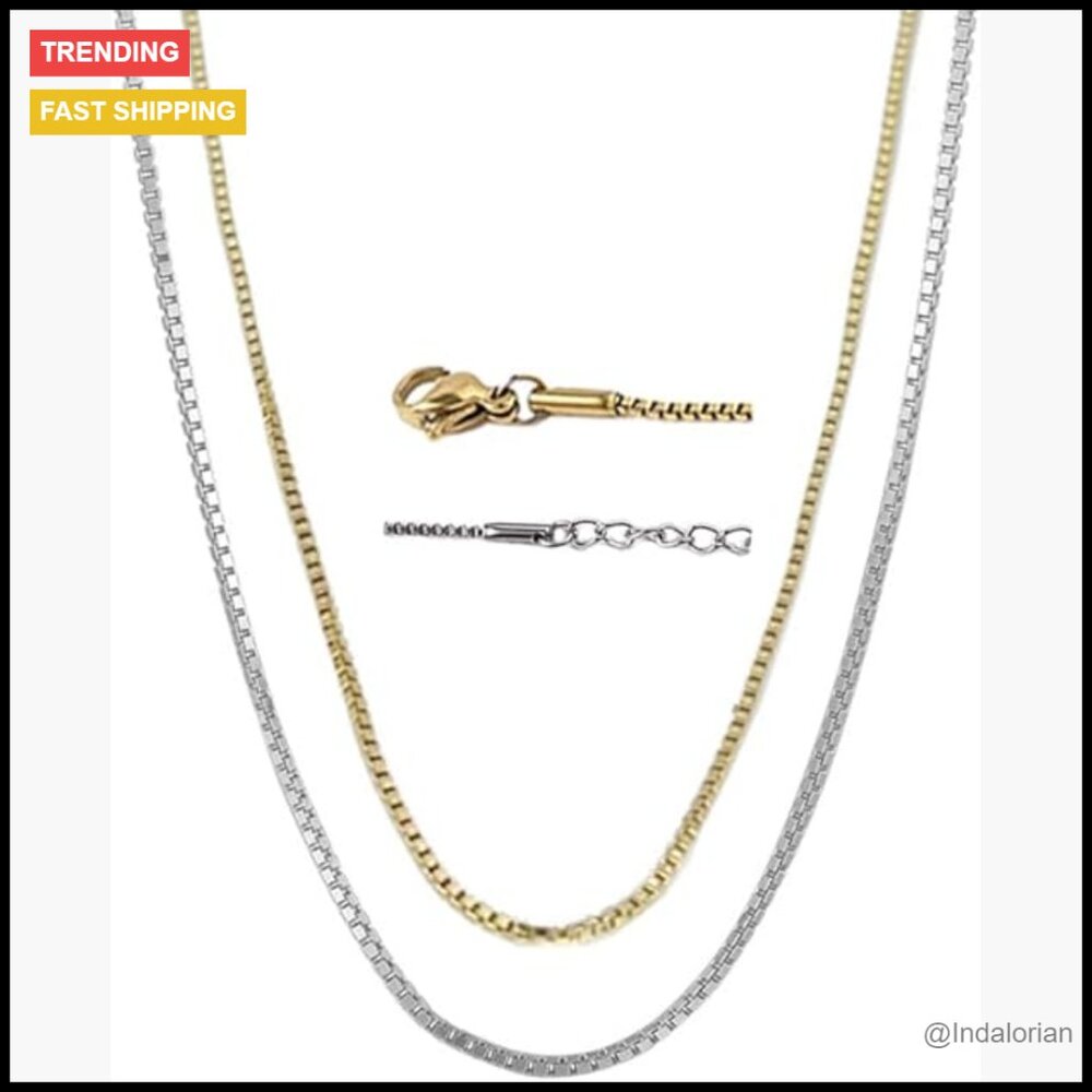 2 Pcs Box Chain Necklace Set Gold Silver Stainless Steel Lobster Clasp